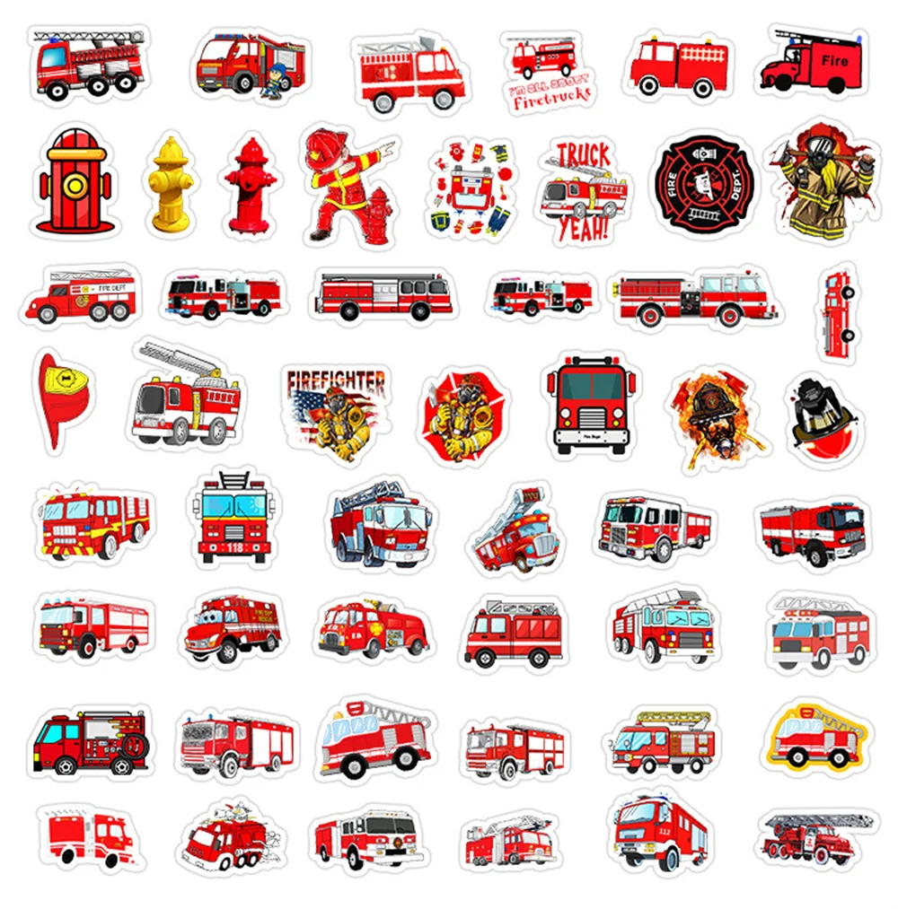 Cartoon Firefighter Fire Engine Stickers for Children, Phone, Car, Suitcase, Guitar, Scrapbooking Material Sticker, 50Pcs