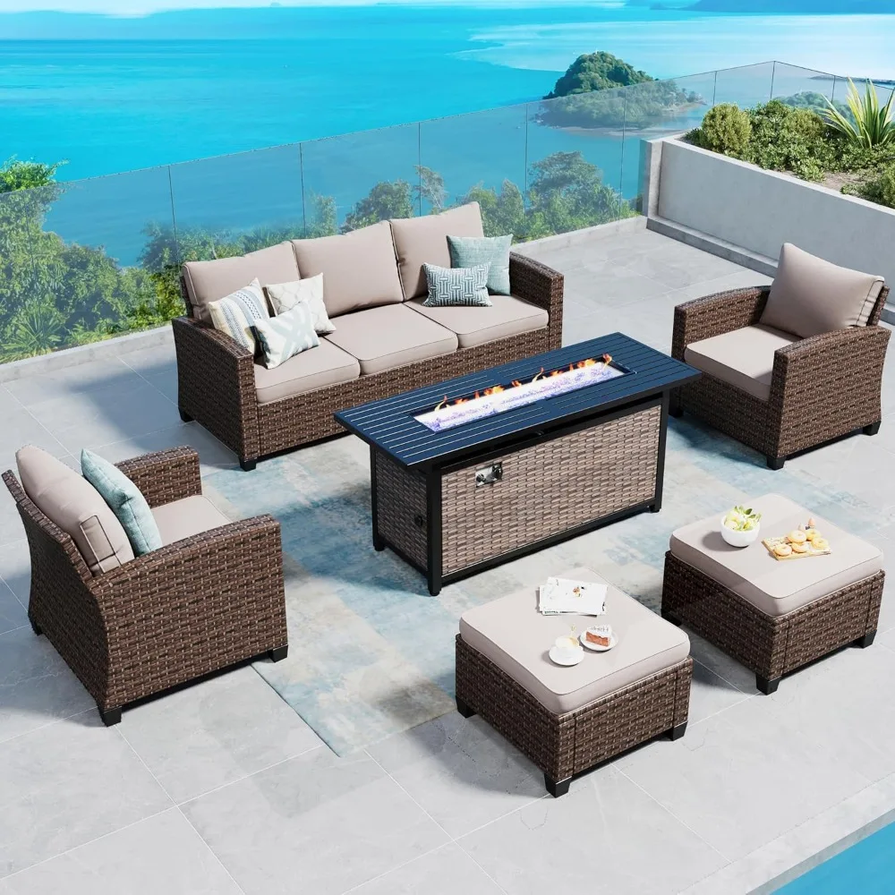 Patio Furniture Set  Patio Conversation Sets with Cushion Outside Sofa Set,6 Pieces with Rectangular Firepit Table,7 Seats,Beige