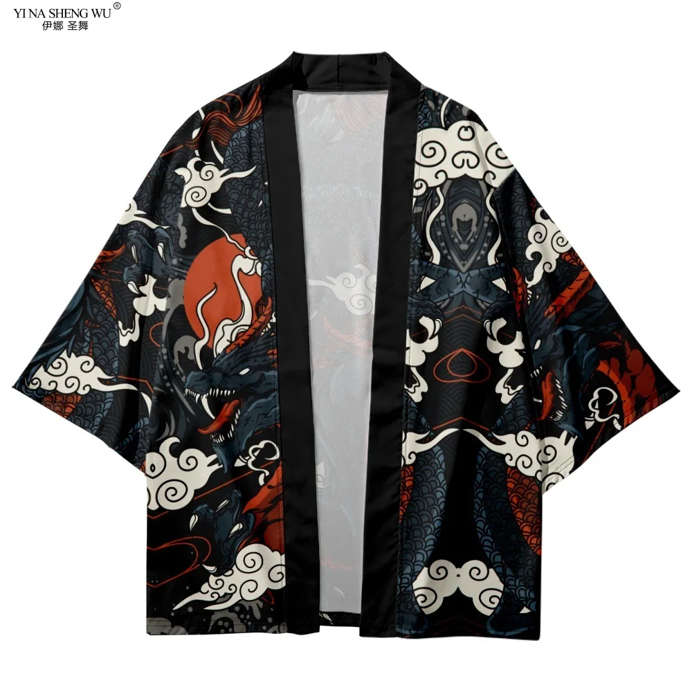 Black Kimono Cardigan Women Men Japanese Male Yukata Men\'s Haori Japanese Wave Carp Fox Print Coat Traditional Japan Clothing