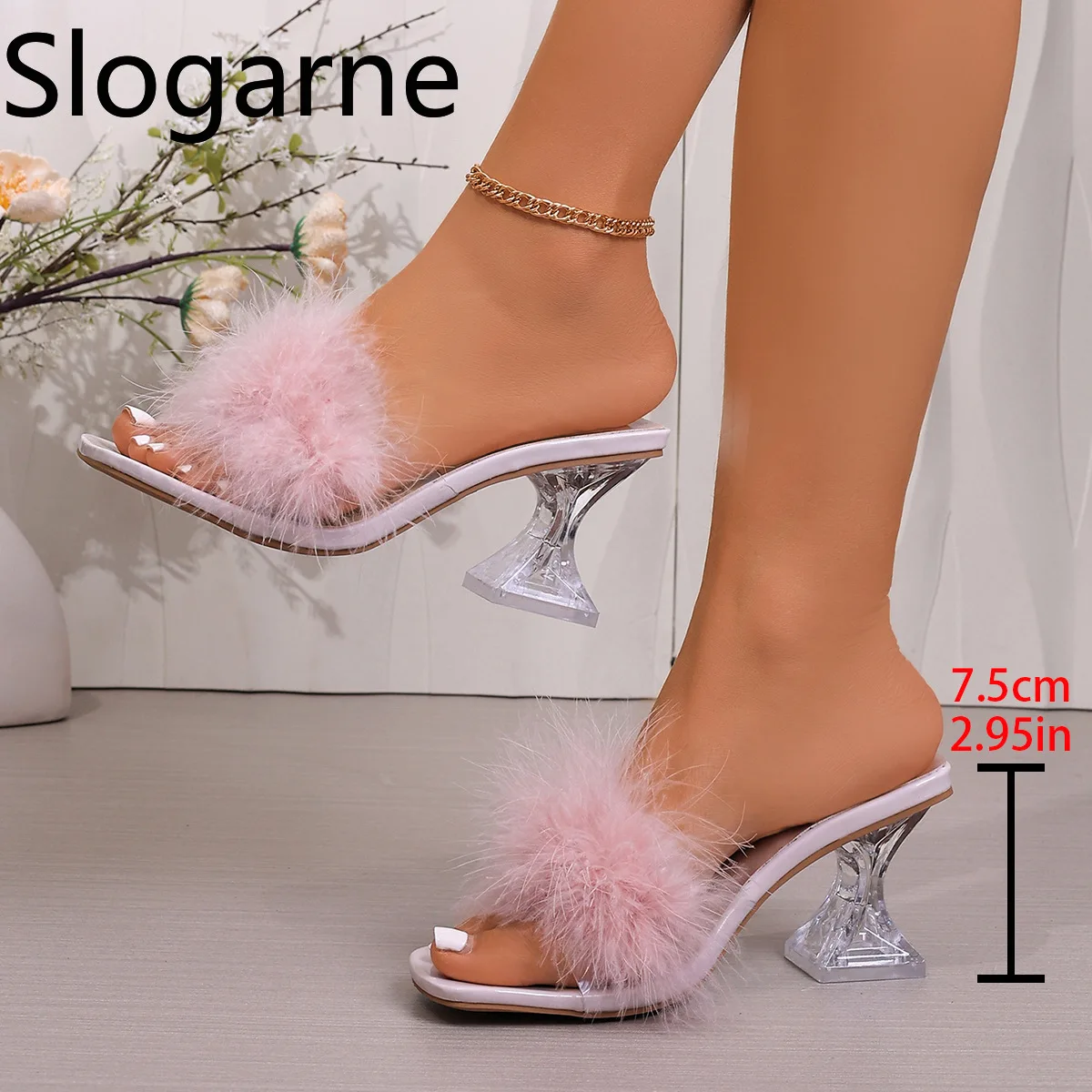 Fashion High Heel Sandals Women Faux Fox Fur Slippers Ladies Crystal Spike Heel Dress Party Pumps Girls Summer Shoes Fur Sandals image 2