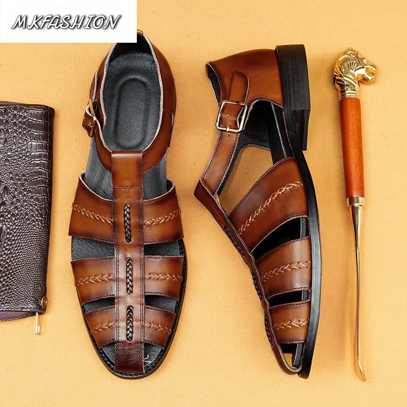 Summer Retro Men Genuine Leather Sandals Hollow Breathable Flats Casual Beach Shoes