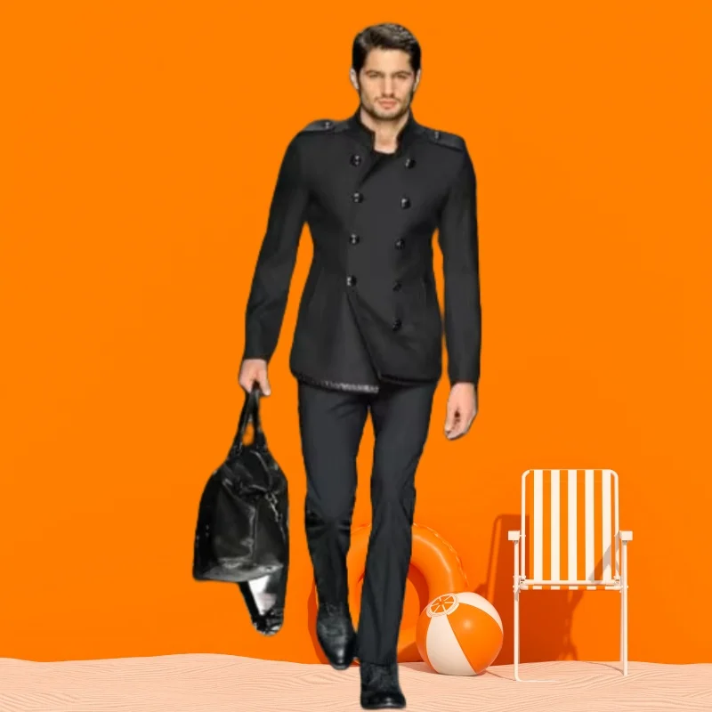 

Модный двубортный мужской костюм с воротником-стойкой, черный классический костюм для жениха, свадебной вечеринки, деловое облегающее платье, комплект из 2 предметов