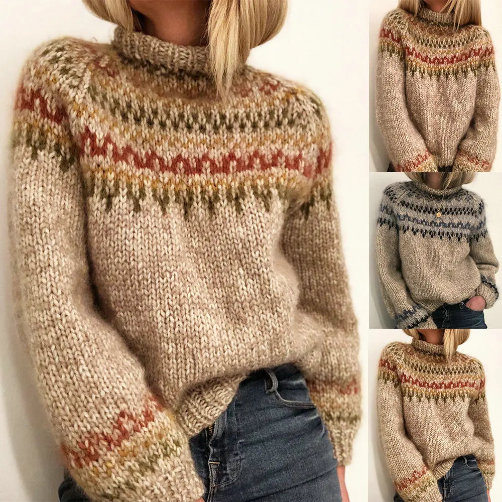 Suéter Ebay de invierno para mujer, jersey semi-cuello alto, suéter neutro con estampado recto