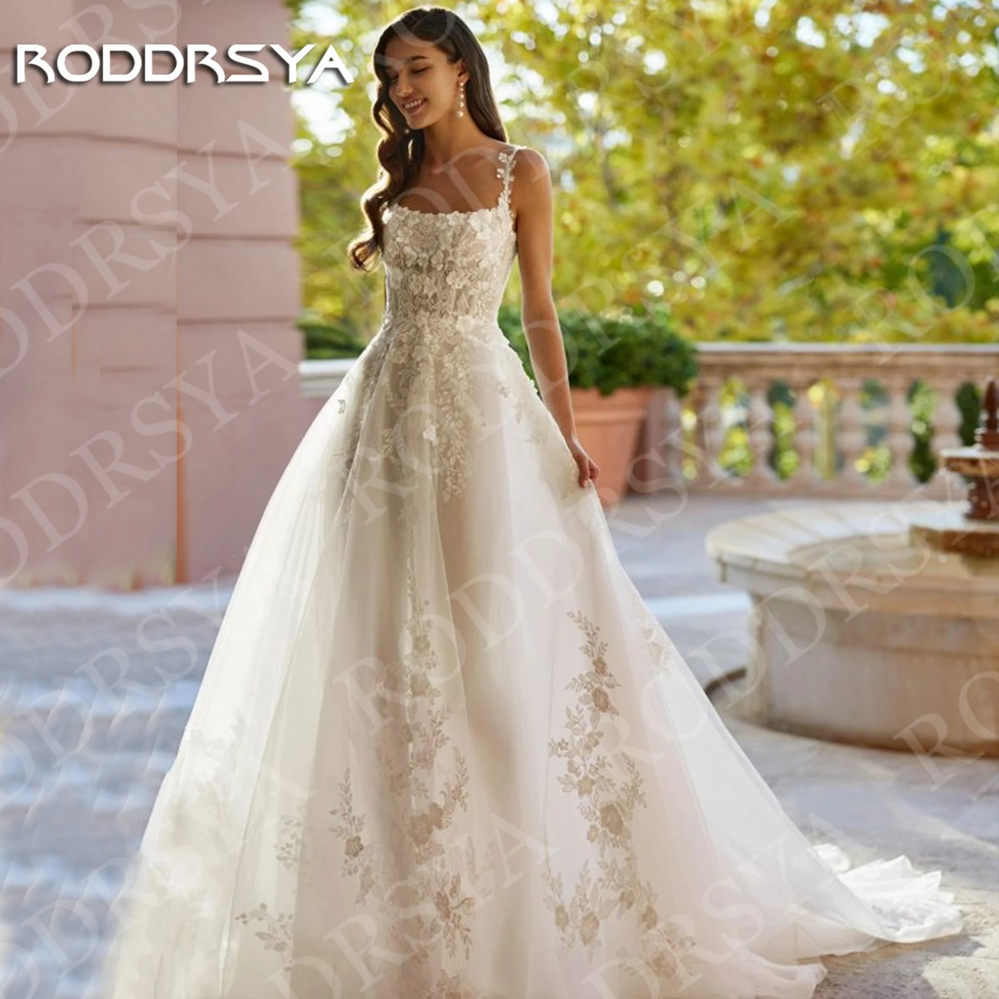 

RODDRSYA A Line Wedding Dress Elegant Tulle Lace Spaghetti Straps Square Collar Bridal Gown Customized vestidos de novia 2025