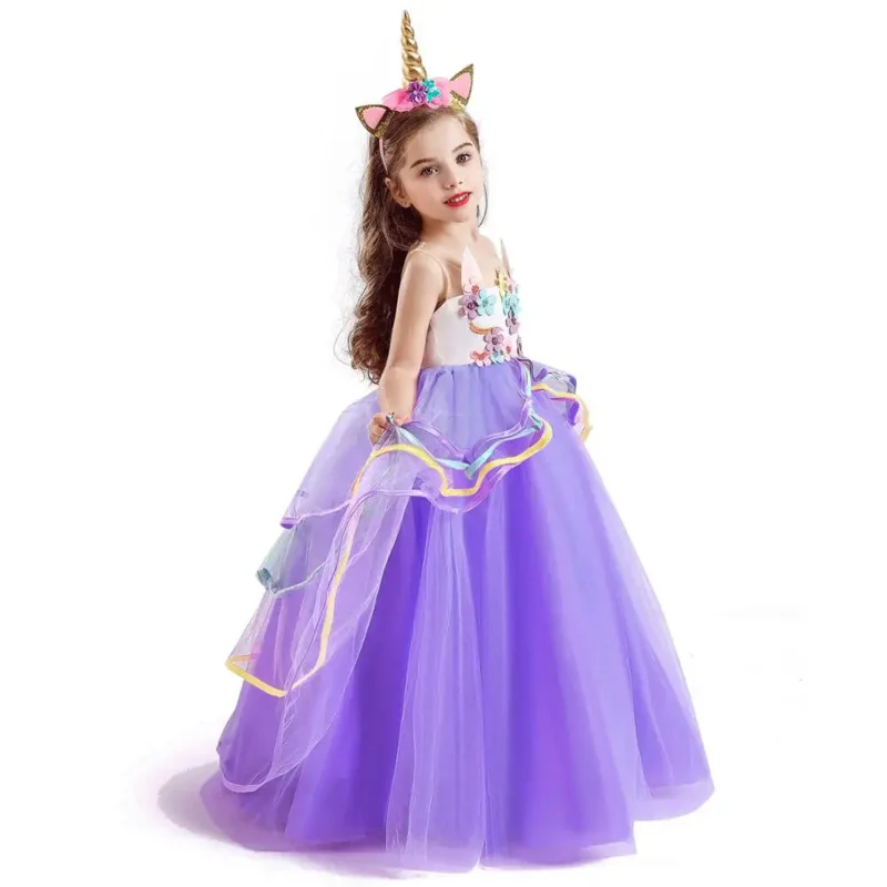 Unicorn tutu dress for little girl Summer sleepveless elegant party gown children fancy wedding dress birthday embroidery costum