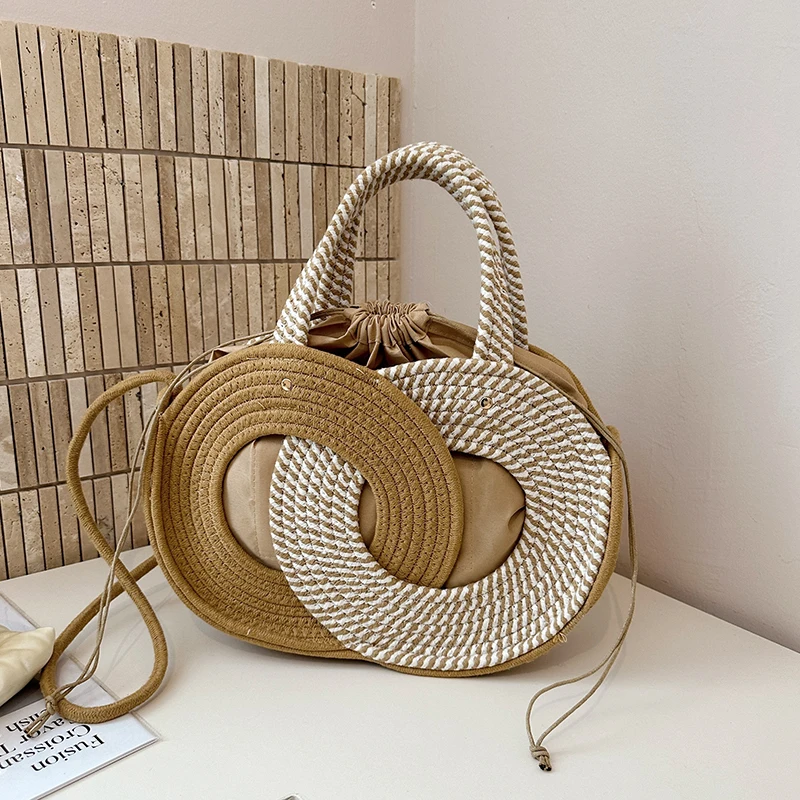 Summer Beach Essential Creative Interlocking Circle Straw Bag Handmade Woven Crossbody Tote for Vacation Shopping & Daily Use