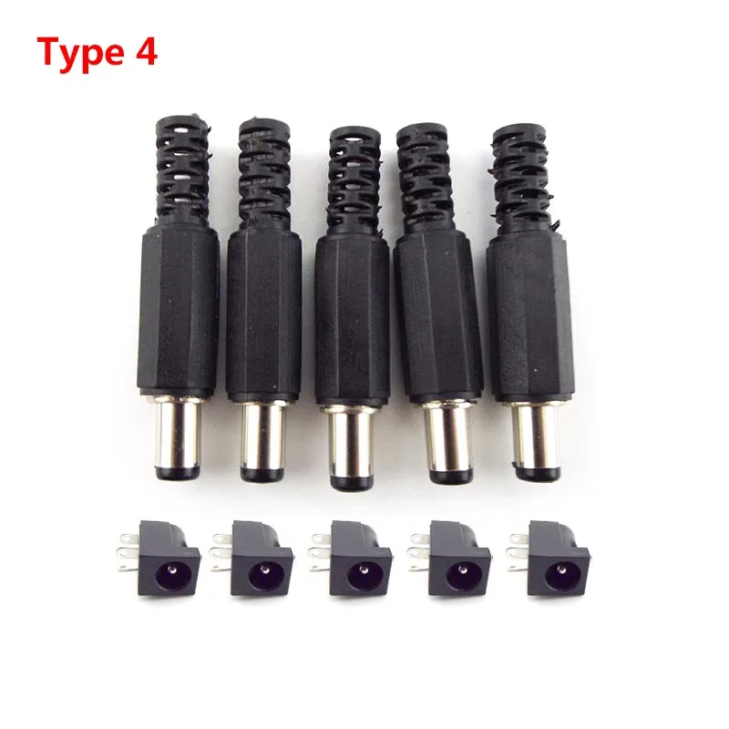 12V Plastic Male Plugs 5.5 x 2.1 mm DC Power Socket Female Jack Screw Nut Panel Mount Connector Adapter CCTV LED Strip E4