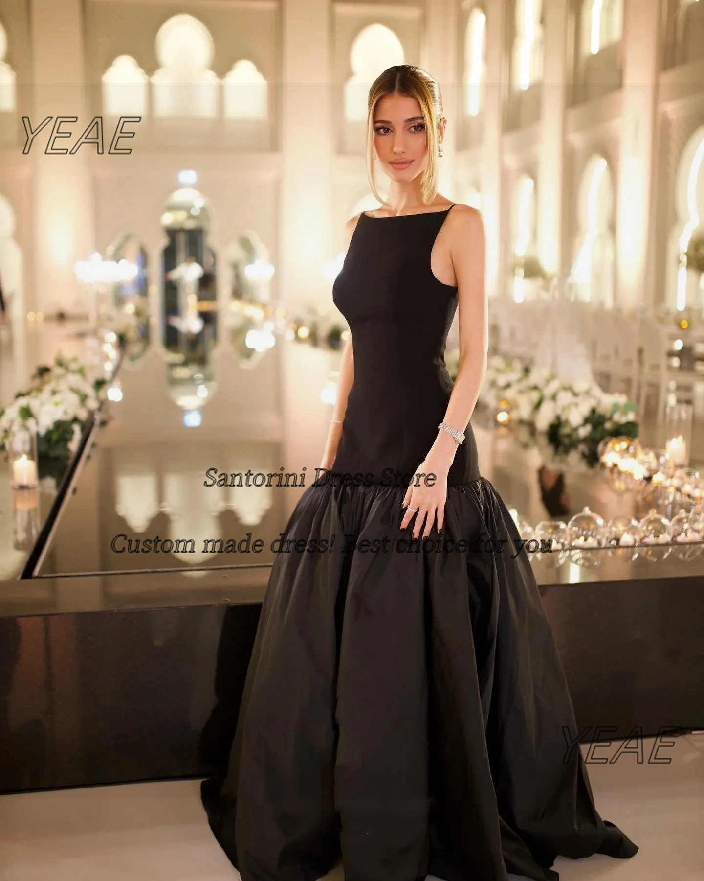 Santorini Customized Black Dresses for Prom Banquet Women Wear Sleeveless Evening Party Dress Long Ruched Vestidos Des Fiesta