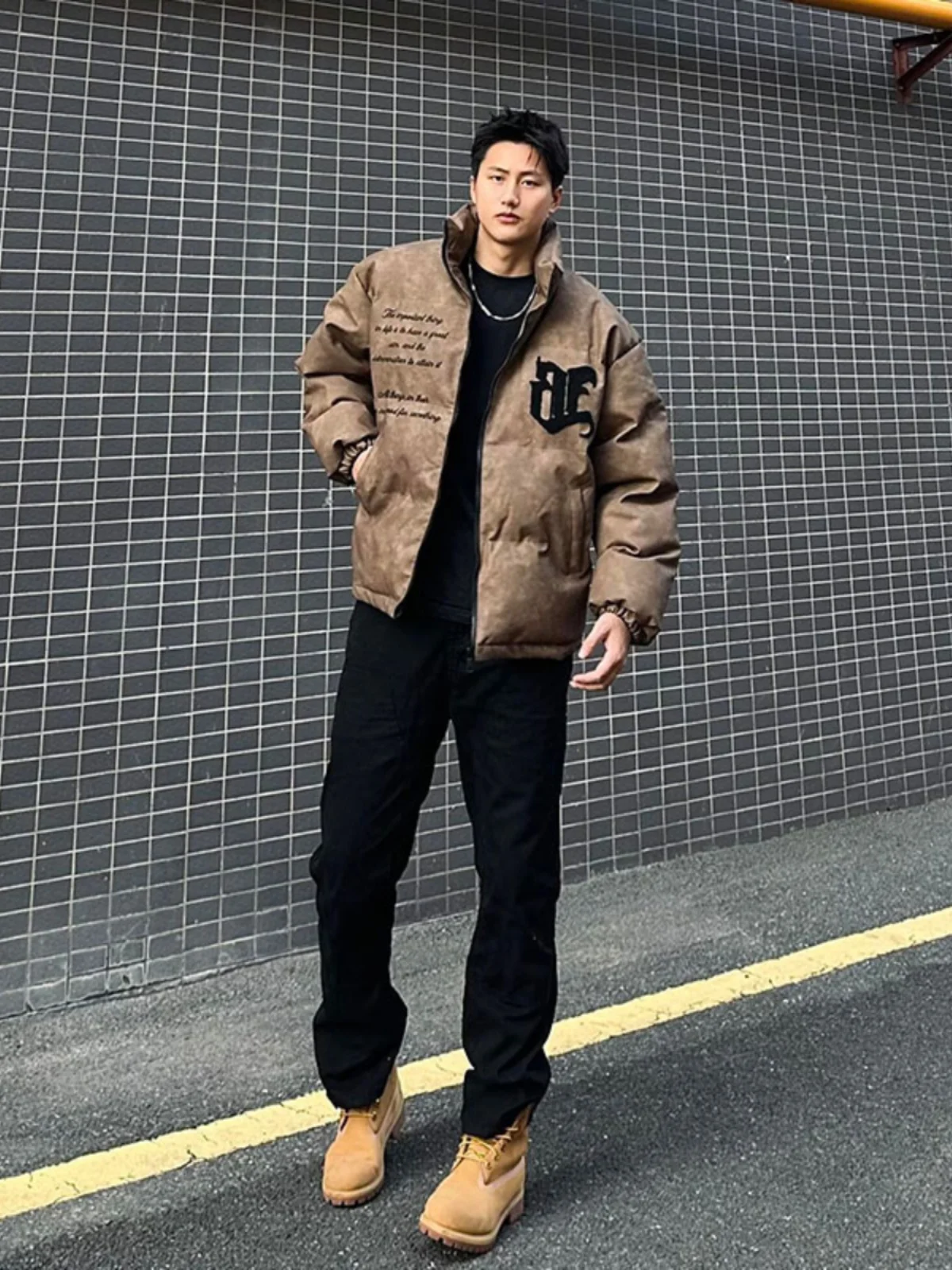 

American High Street Fce Lined Men's Jeans Straight Leg Long Pants for Autumn Winter Matching Boots Teenager Faion