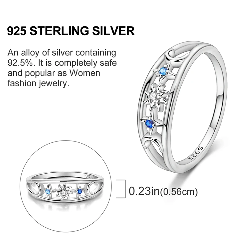 925 Silver Sun Moon Star Ring Zircon Hollow Couple Ring 1 piece Women's Fashion Creative Romantic Charm Engagement Wedding Jewel