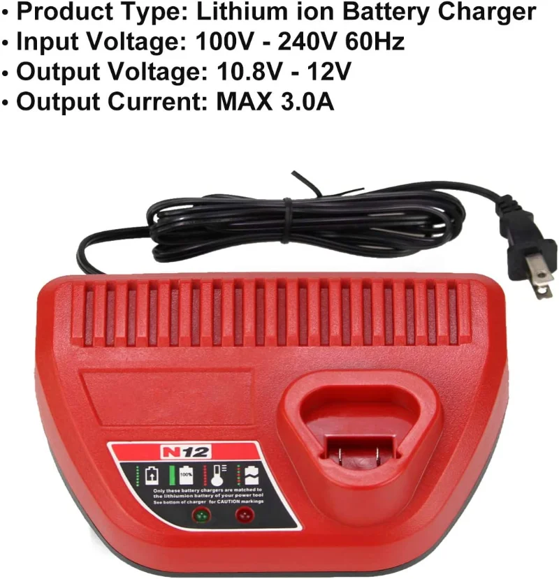 Replacement Charger Compatible For Milwaukee 12V Battery Charger for 48-59-2401 M·12 Lithium Battery LED Indicating