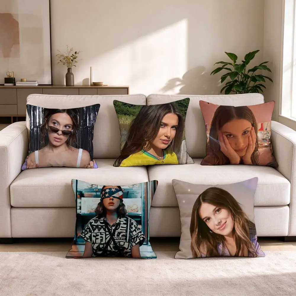 M-Millie Bobby Brown Retro Movie Star  Square Double-Sided printed Pillow Case Bedroom Bedside Pillow Sofa Cushion Cover