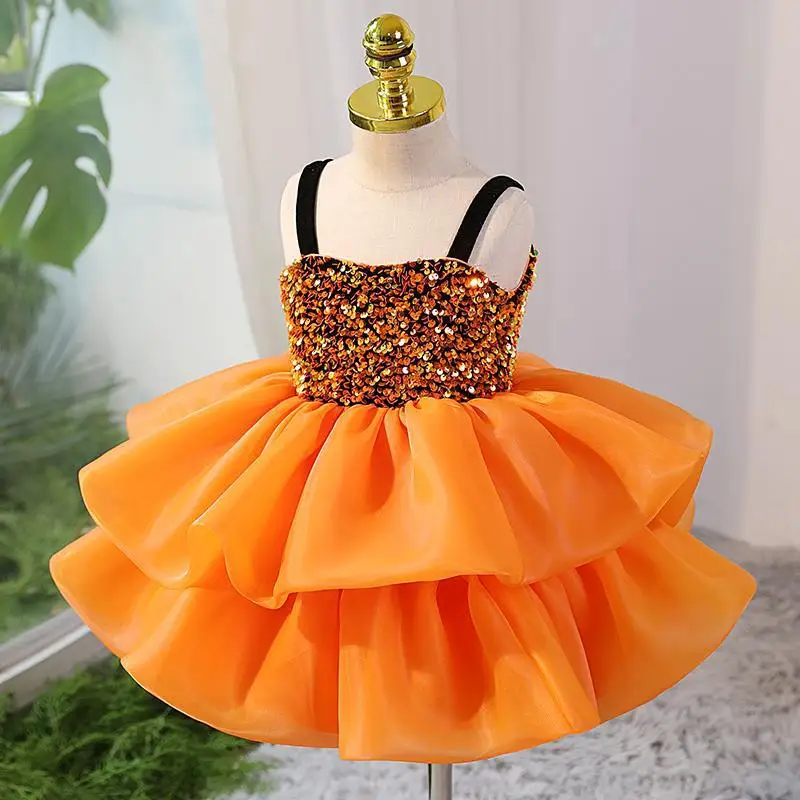 

New sleeveless Sling Girls' dress yellow sequin birthday party dress baby girl opening ceremony prom dress new children's dress