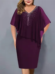 Vestido de gasa de talla grande con diamantes para mujer, vestido de tubo de manga corta con cuello en V, vestido de viaje elegante, moda de verano