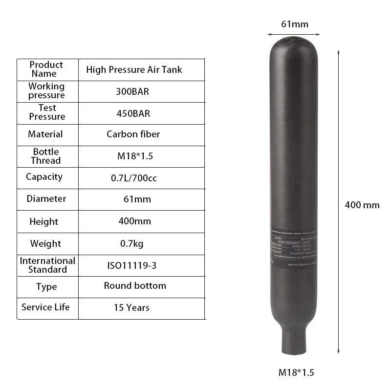 HPA Station 0.7L/700CC Carbon Fiber Air Tank M18*1.5 Gas Cylinder 300BAR/4500PSI Soda Water CO2 Bottle For Scuba Diving Soft