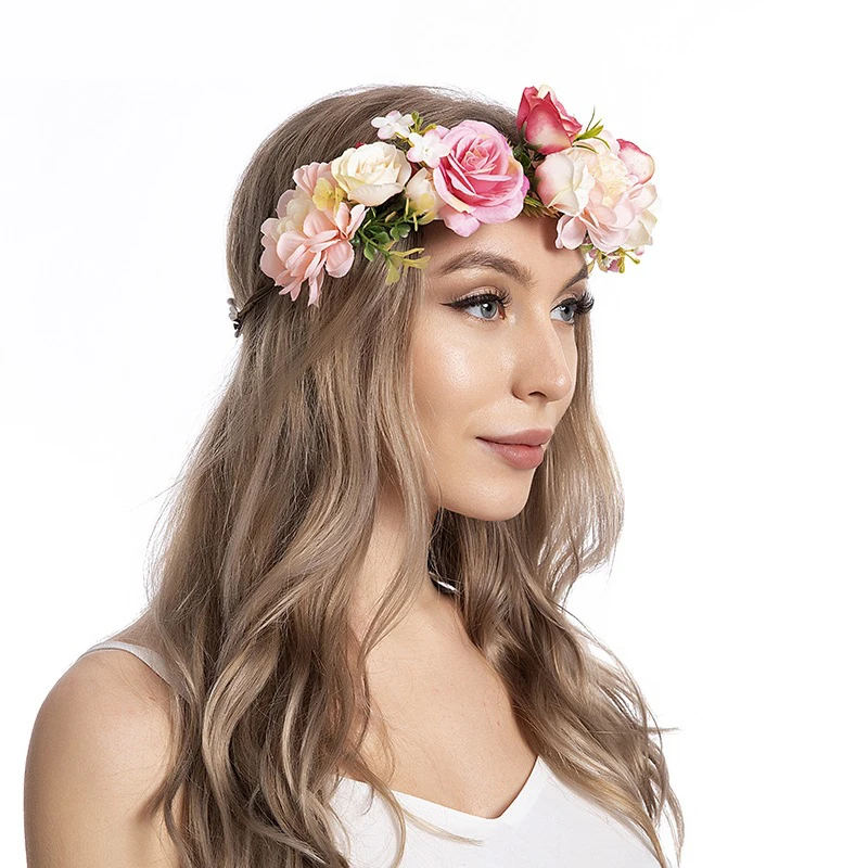 Rose Crown Hair Band Women Girls Spring Summer Beach Garland Girl Flower Wreath Wedding Floral Headband Party Wedding Headpiece