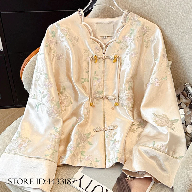 

Embroidery Women Tang Clothes Jacket New Chinese Style Long Sleeve Coat Retro Buckle Hanfu Outwear Casual Silk Satin Streetwear