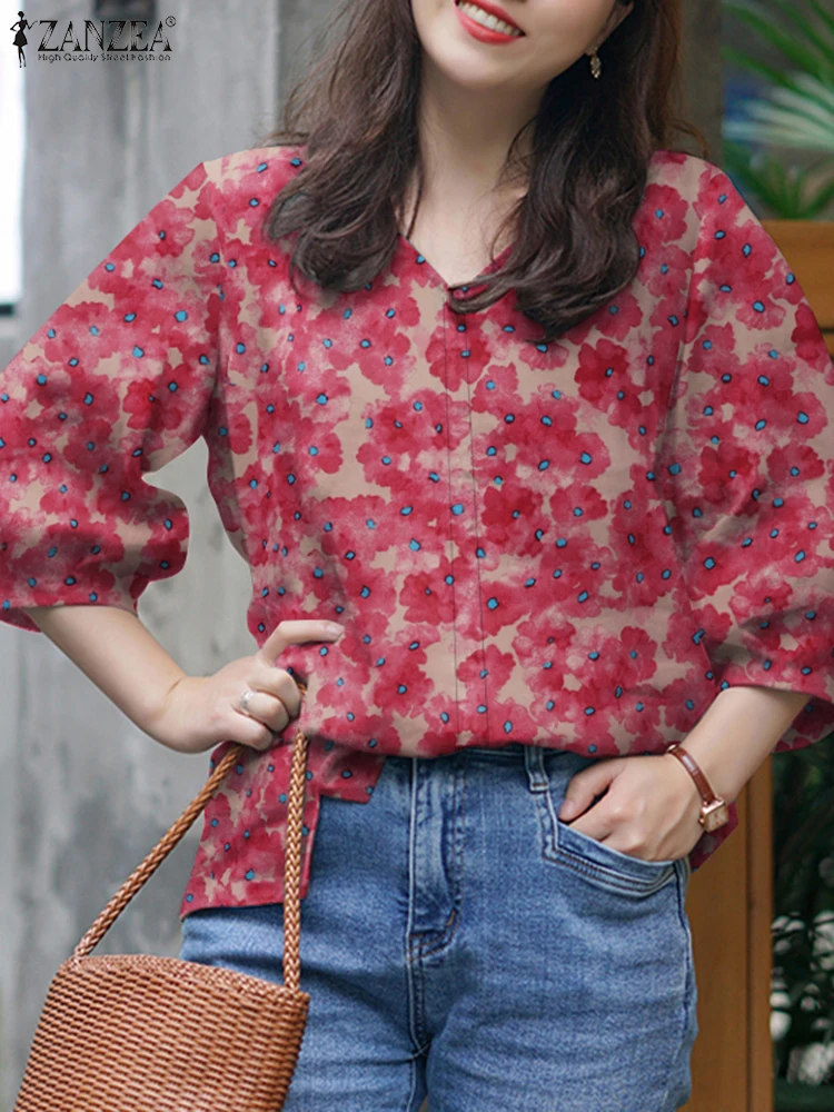 

Summer Bohemian Floral Printed Blouse ZANZEA Women V Neck 3/4 Sleeve Shirt Vintage Party Holiday Blusas Casual Loose Tunic Tops