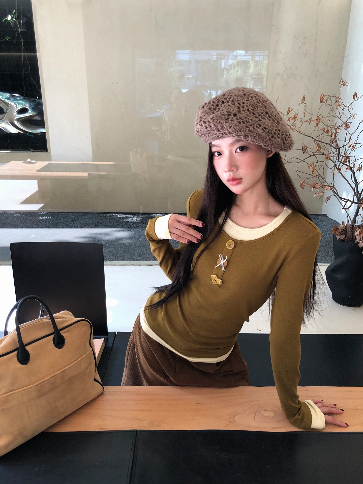 قميص نسائي طويل الأكمام من ريد سيليبريتي كلوب، ملابس داخلية بتصميم قطعتين وهمي، قميص عصري بأسلوب عملي مصنوع من مزيج القطن #3