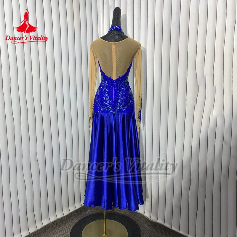 ชุดเต้นรำบอลรูมสีน้ำเงินสไตล์อเมริกันแบบพันรอบสะโพกสำหรับผู้หญิงผู้ใหญ่ ชุดวอลซ์มืออาชีพ ชุดนักเต้นสั่งตัดพิเศษ ให้ความมีชีวิตชีวา