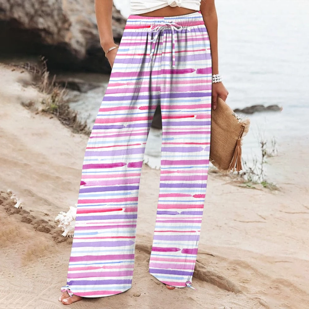 

Horizontal Stripe Print Light Purple Women's High-Quality Casual Trousers Elastic Waisted Wide Leg Pants Oversized Daks