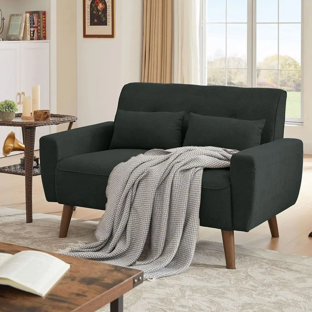 

48 Inch Modern 2-Seater Loveseat Sofa with Throw Pillows and Black Plastic Legs for Living Room or Bedroom