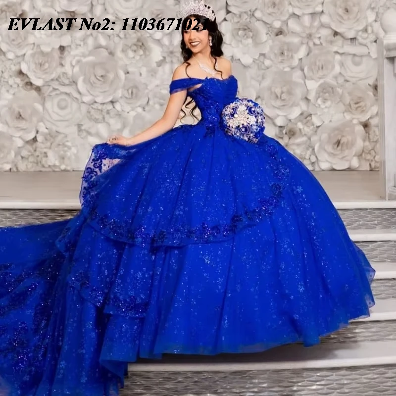 

EVLAST Customized Princess Royal Blue Quinceanera Dress Ball Gown Shiny Applique Beading Sweet 16 Vestidos De 15 Anos E2Q26