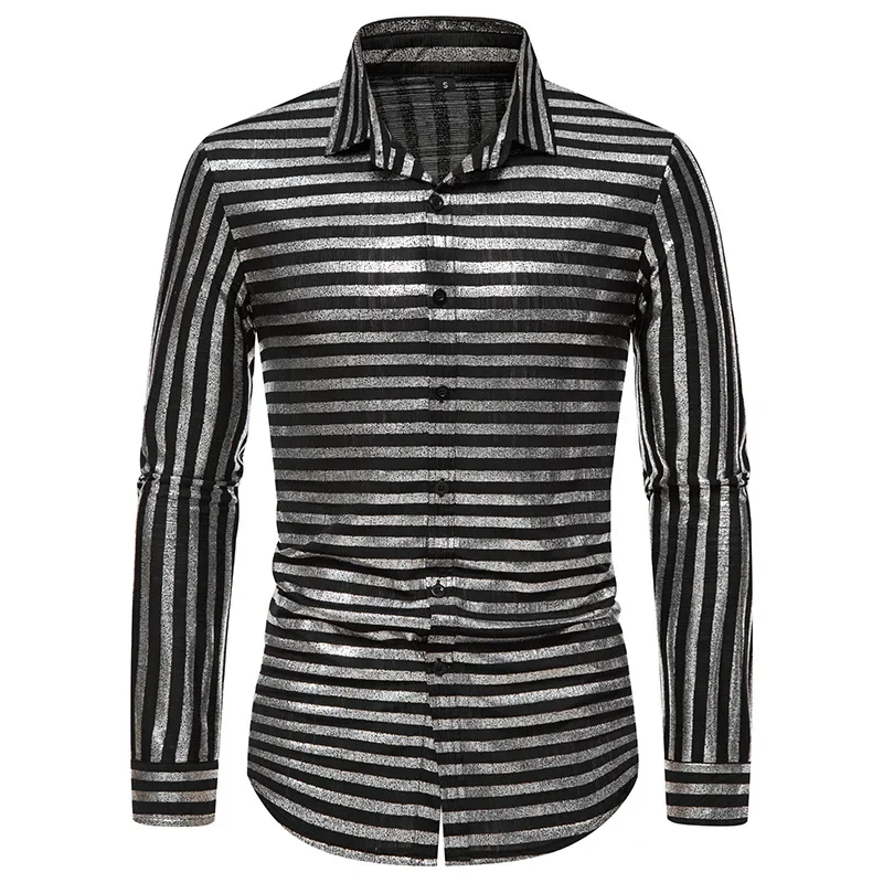 

Luxury Mens Silver Striped Metallic Long Sleeve Dress Shirts for Men 2024 New Nightclub Party Stage Costume Men's Clothing