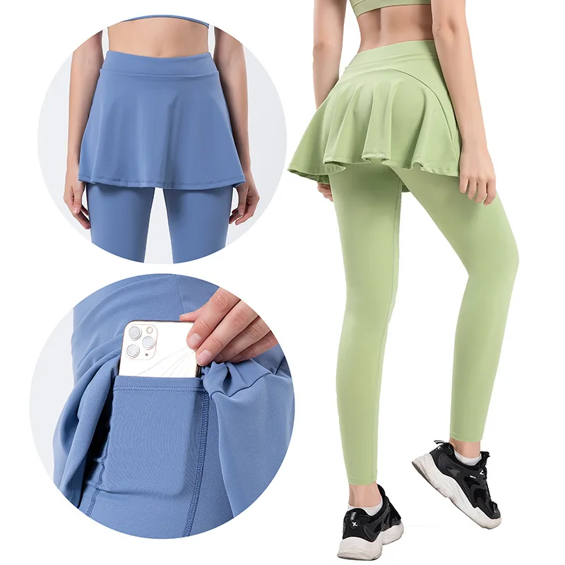 Soft Leggings Women Gym Yoga Pants With Skirt Fitness Female Full Length  Leggings Tennis Skorts High Waisted Sports Tights XXL