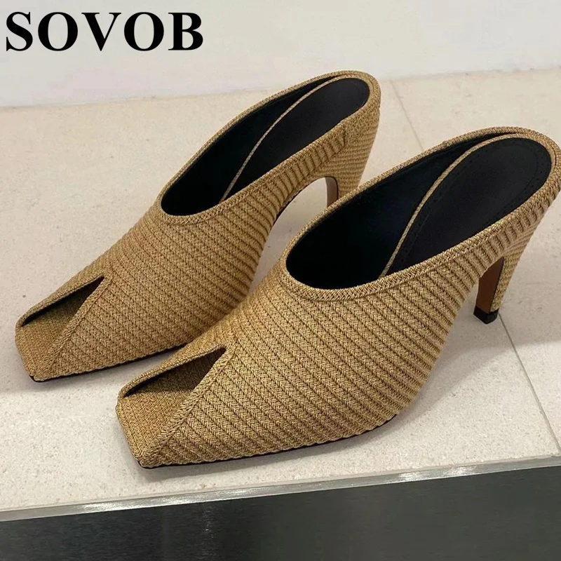 

New Summer Vine Grass Weaving Slim Heel Slippers Women's Simple Shallow Mouth Fish Mouth Shoes Fashion Versatile Single Shoes