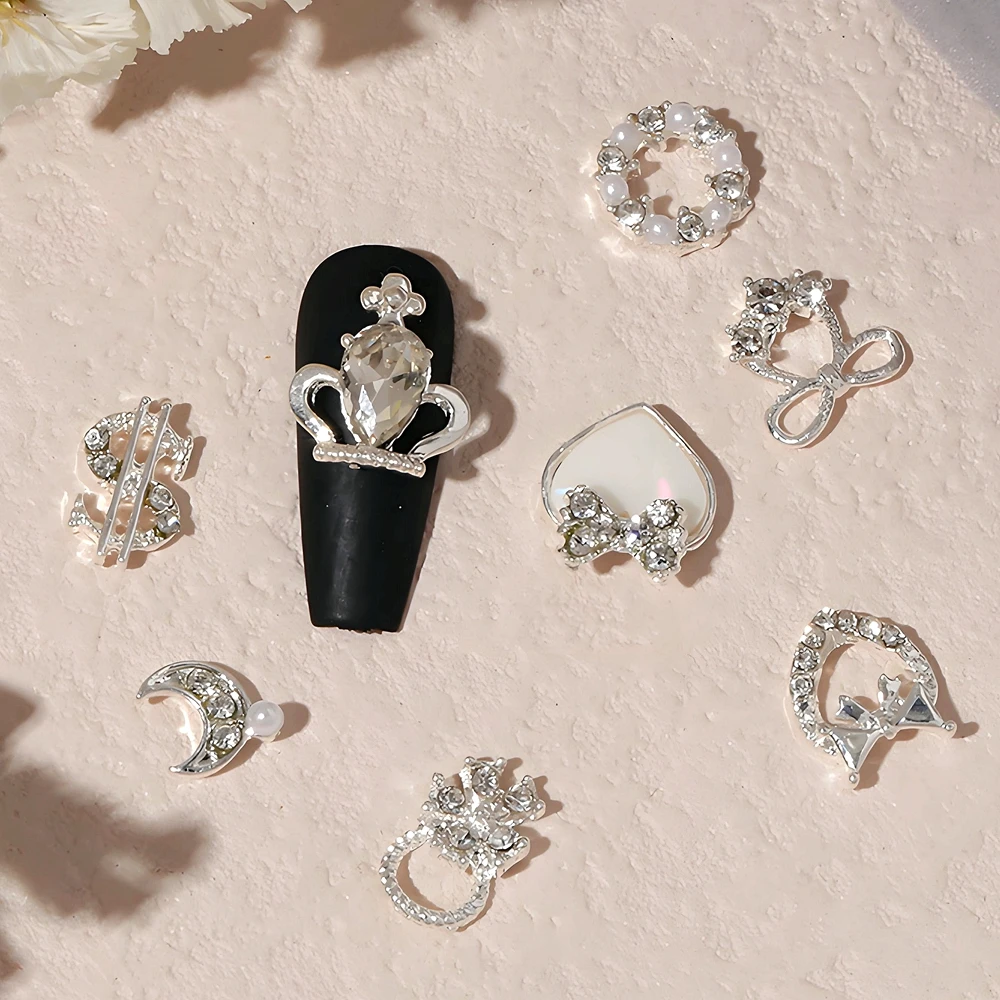 

10PC Silver Luxury Alloy 3D Nail Art Charms Rhinestones Pearls Jewelry Accessories For Nails Decoration Design Manicure Supplies