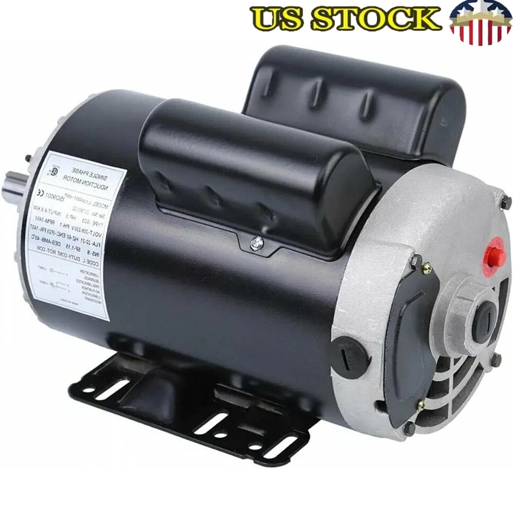 5HP Electric Motor 3600 RPM Single Phase 208230V 7/8 Inch Shaft 1435T Frame Air Compressor Duty Manual Thermal Overload