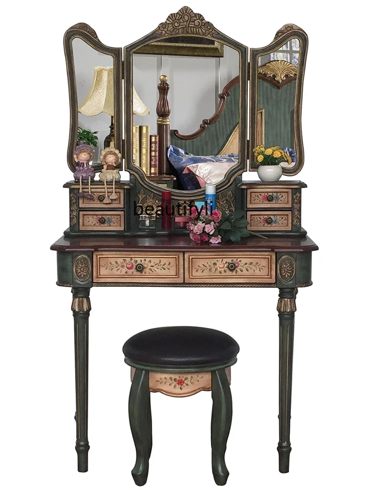 

zqEuropean-Style American Country Dressing Table Bedroom Mediterranean Retro Dresser Pastoral Painted Furniture