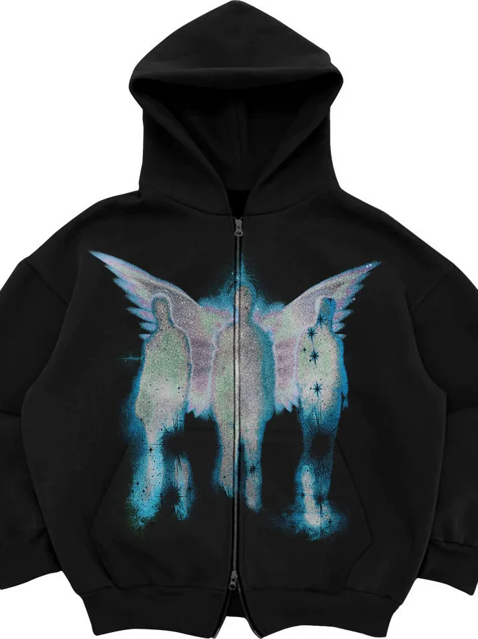 

Новинка 2025, трансграничная толстовка с капюшоном на молнии, свободный повседневный открытый кардиган с принтом, уличный длинный свеч, полиэстер