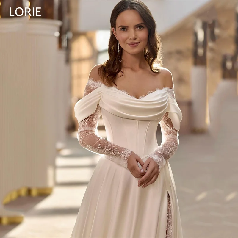 

LORIE Illussion Lace Ivory A-Line Wedding Dresses Side Silt Off Shoulder Bride Prom Gown Floor-Length Bridal Gown 2025Customized
