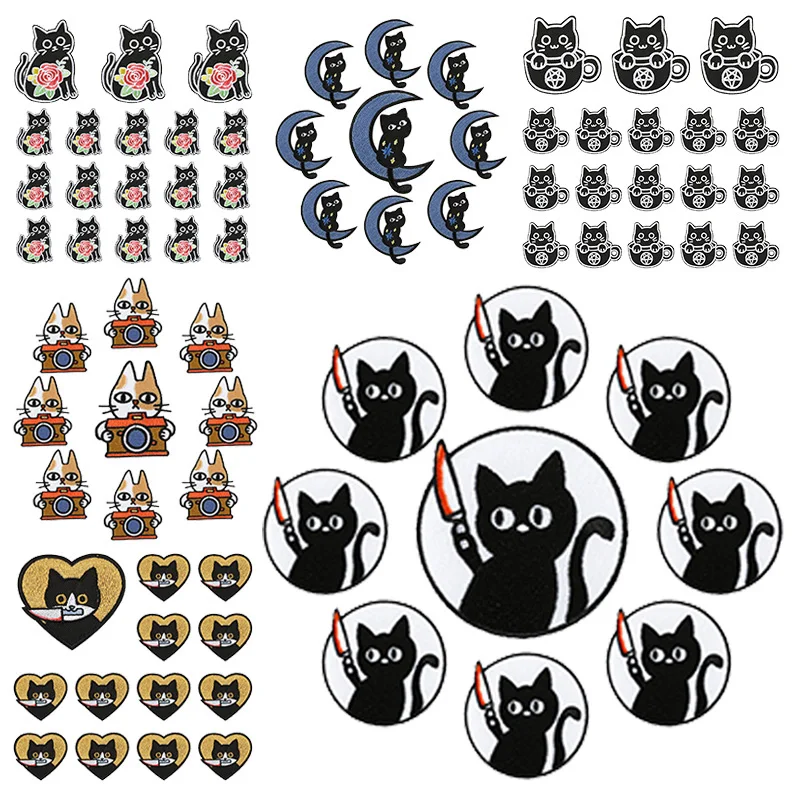Lote de 10 piezas de gatos negros, parches bordados para planchar en la ropa, lindos diseños de costura pequeña, apliques de Calavera, chaqueta, venta al por mayor
