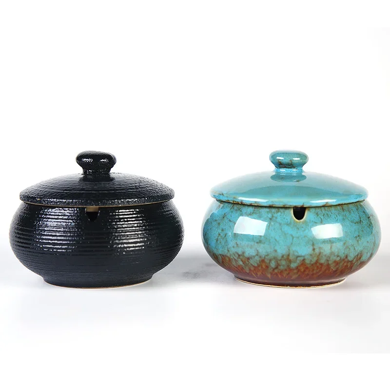 Office Living Room Ashtray Gift Home Decoration Vintage Gradient Porcelain Ashtray with Lid Large Capacity Windproof Storage Box