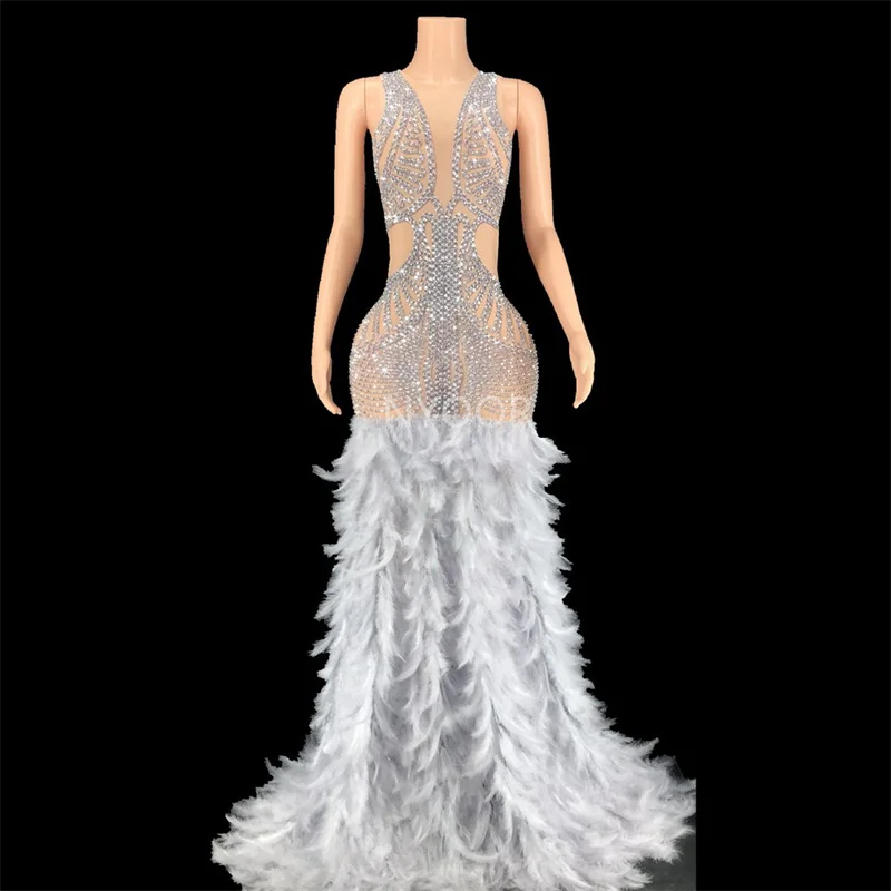 

8 Colors Sexy Feather Rhinestone Evening Dress Birthday Long Sleeve Costume Bar Club Nightclub Show Stage Wear New 2022