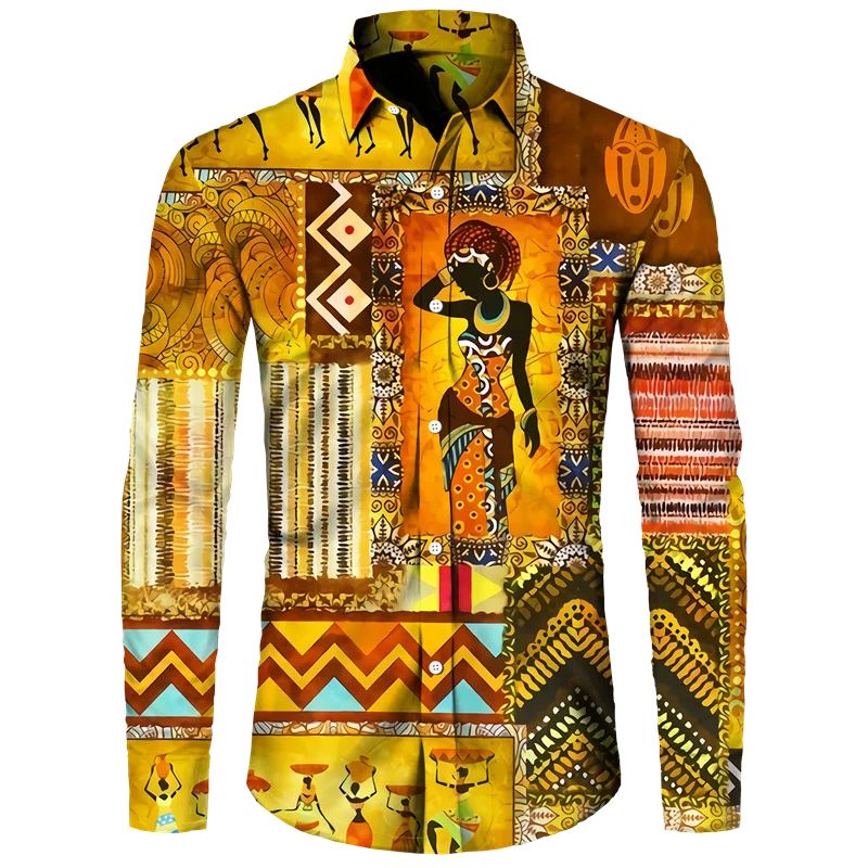 

African Ethnic Pattern Hawaiian Shirts For Men Retro Drum 3D Printed Blouse Autumn Fashion Casual Loose Aloha Shirts Long Sleeve
