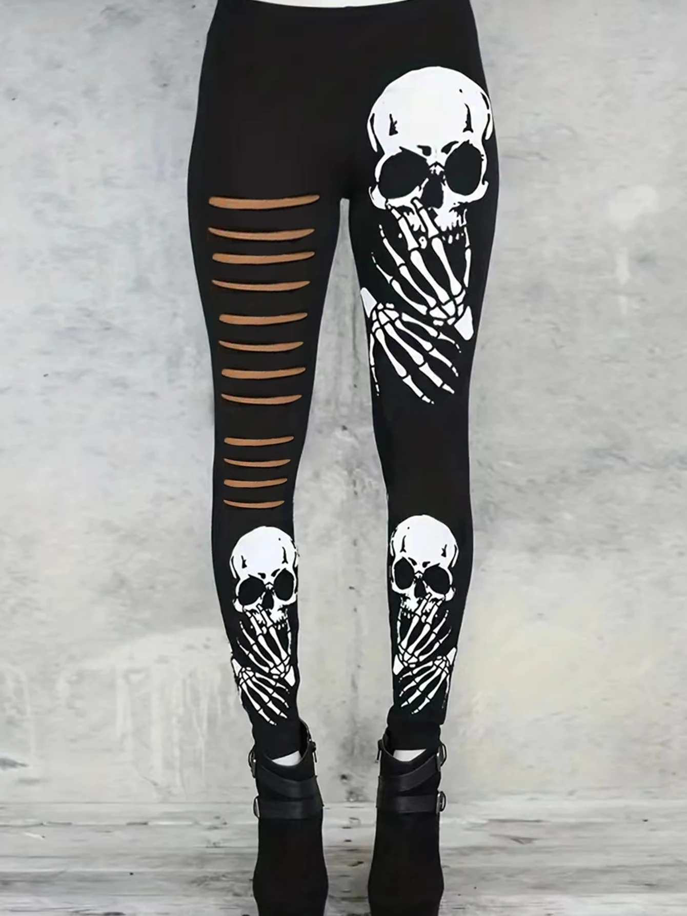 Europe And The United States Explosive Skull Printed Nine-point Pants Halloween Hole Leggings Personality Creative Style