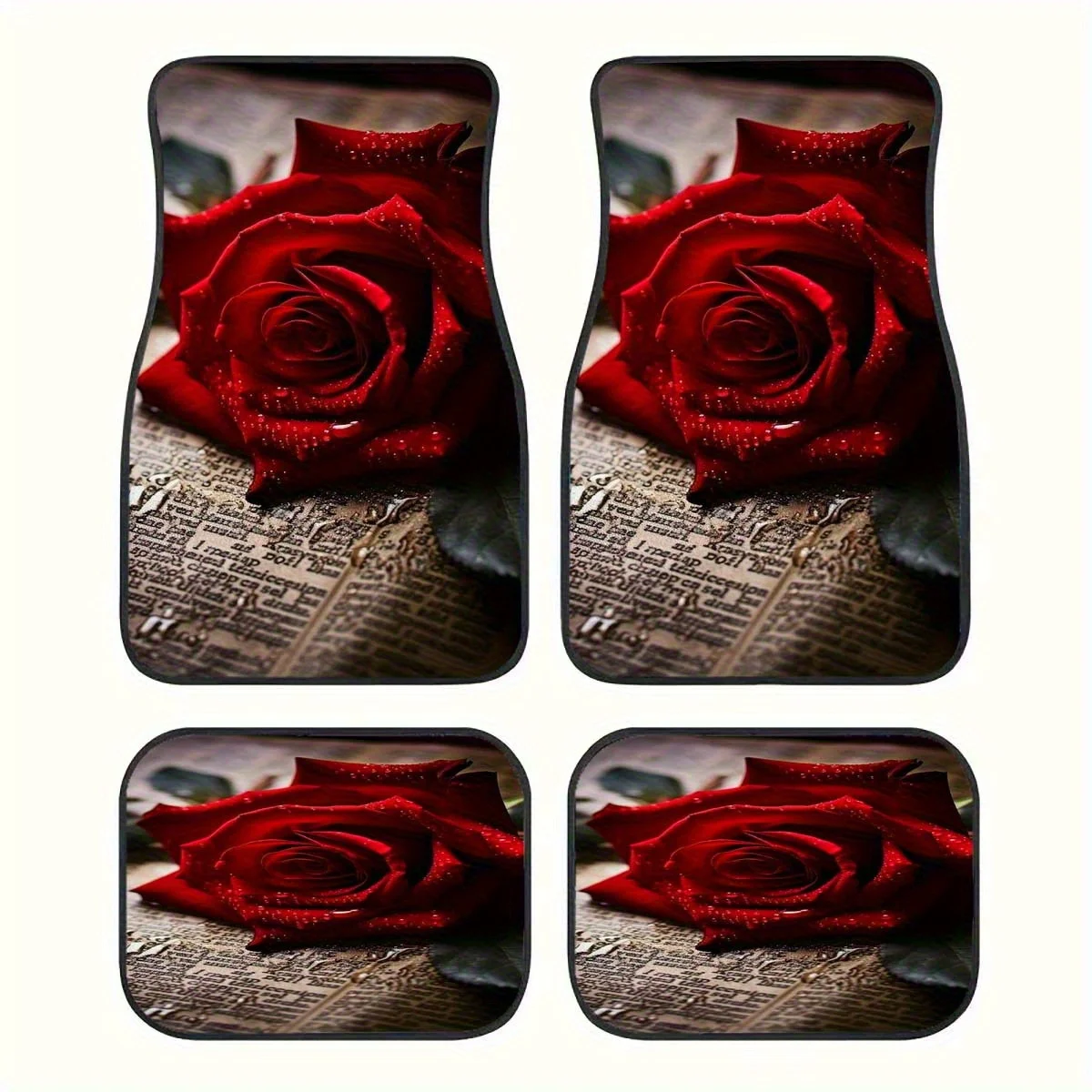 Retro Envelope, Rose Whispers: 4pcs Digital Printed Retro Envelope Red Rose Car Mats, 2D Flat Design Freezes Rose Elegance, Retr