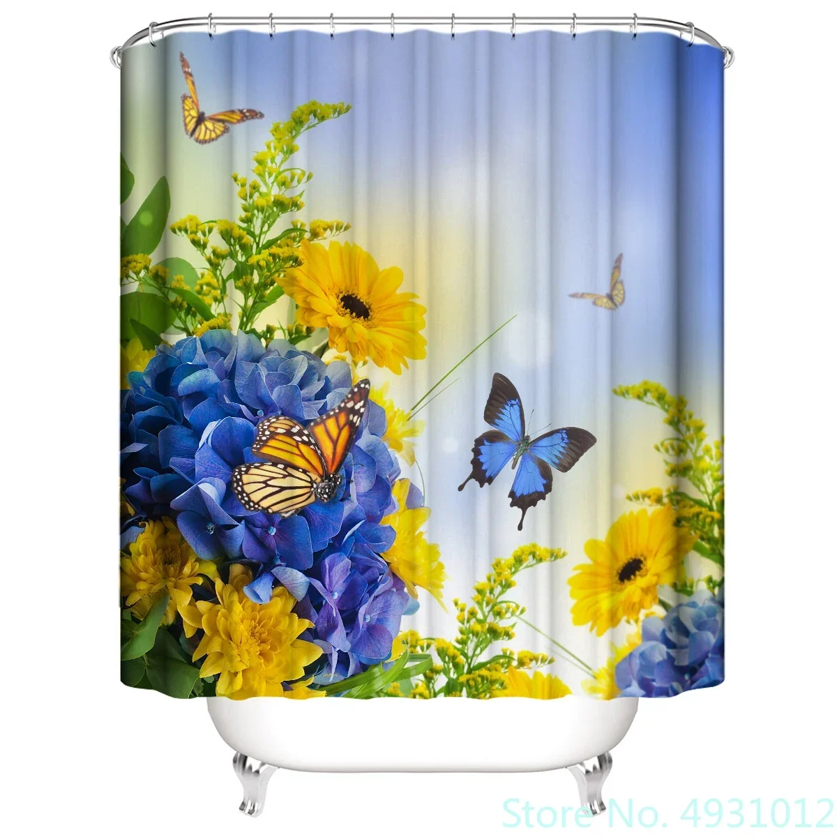 Bule Butterfly Shower Curtain Colorful Big Butterfly Pattern Waterproof Multi-size Bathroom Decor with Hooks for Kids Gifts