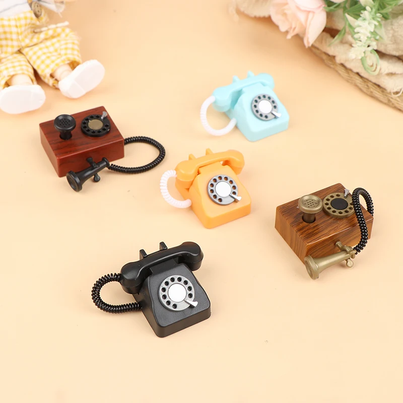 1PC 1:12 Dollhouse Mini Ornaments Fixed Telephone And Retro Telephones Doll House Accessories Wired Vintage Classic Telephone