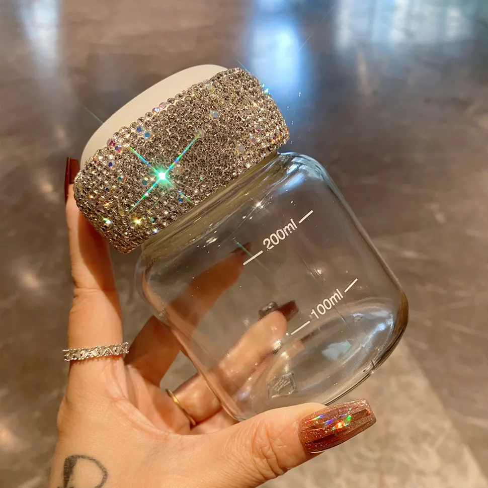 Portable Mini Glass for Going Out Diamond-studded Water Cup with Lid Rhinestones Simple Juice Milk Cup Drinkware for Women 200ML