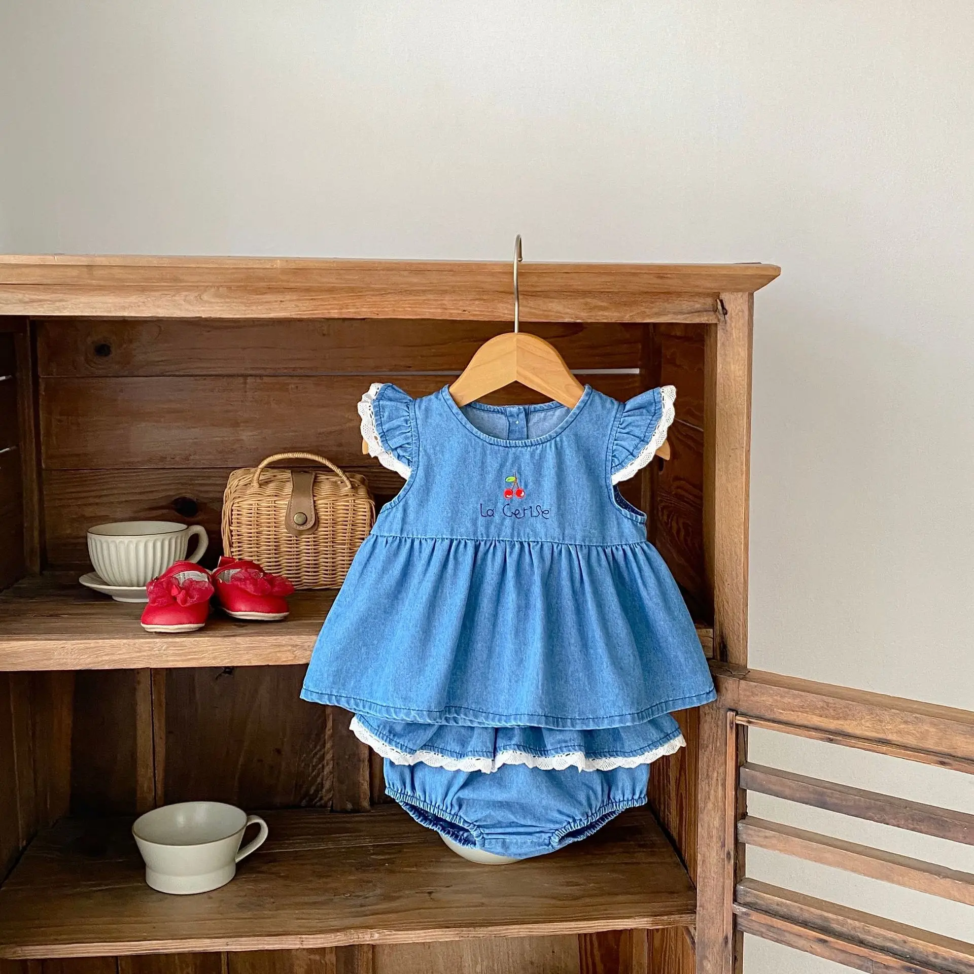 Baby Cowboy Pure Cotton Set 0-3 Year Old Female Baby Split Two Piece Set Cherry Embroidered Cowboy Clothes