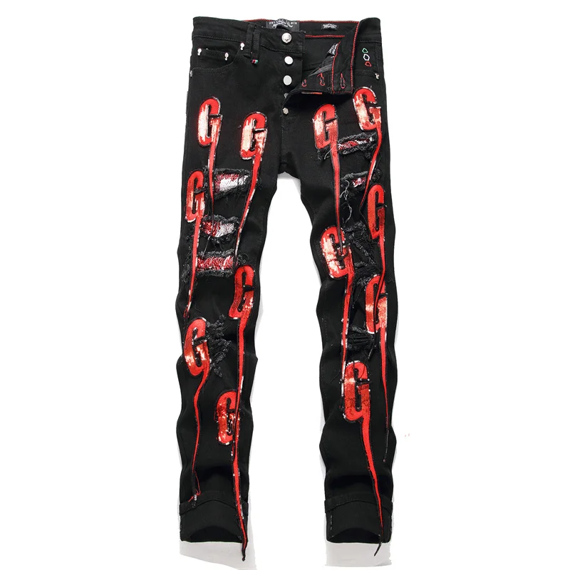 Street Style Black Skinny Stretch Jeans Men's Ripped Embroidery Red Printed Punk Party Skinny Trousers