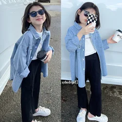 Spring and autumn girls light blue denim shirt 2024 new girl baby style all match mid-long shirt cardigan coat 1 2 3 4 5 6 7 8 Y