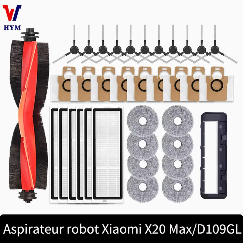 Pièces et accessoires pour aspirateur Robot Xiaomi X20 Max / D109GL, brosse principale, brosse latérale, filtre Hepa, sac à poussière en tissu de vadrouille de remplacement