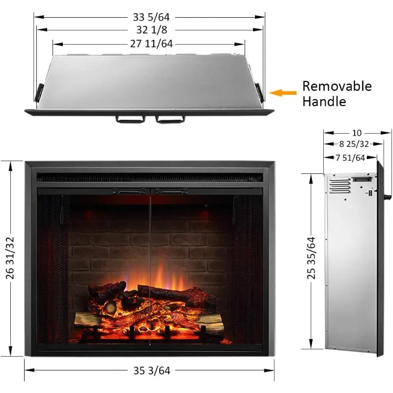 PuraFlame Klaus Electric Fireplace Insert with Fire Crackling Sound 750/1500W, Black, 33 1/16 Inches Wide, 25 9/16 Inches High