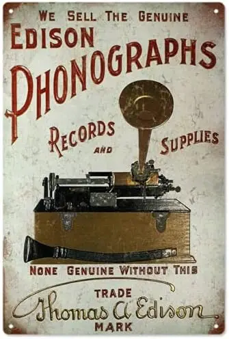 Edison Phonographs Records and Supplies Advertisement Sign Vintage Metal Tin Sign Pallet Plaque Poster Wall Decor Kitchen Bar Co